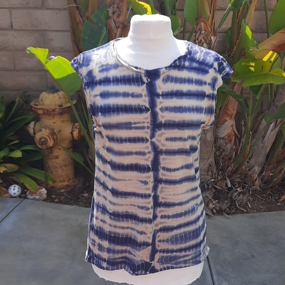 Pam & Gela Small S Blue Striped Tie Dye Cap Sleeve T-Shirt